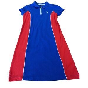 US Polo Assn Women M red blue colour block short sleeve polo shirt dress preppy